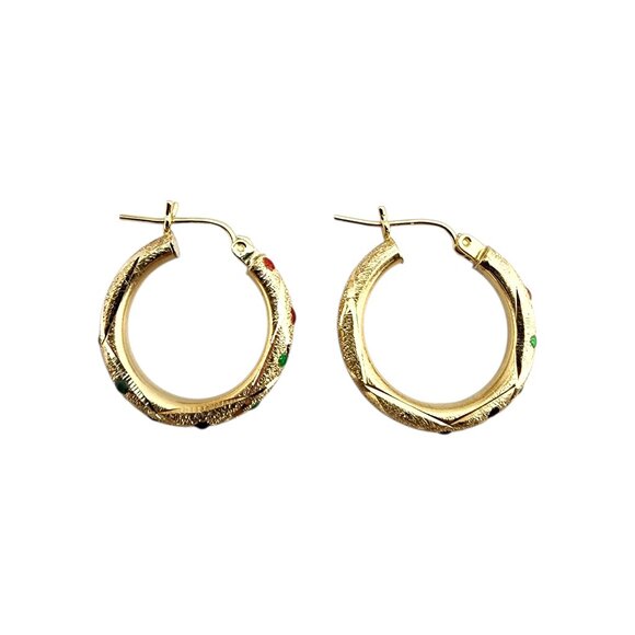 14K Yellow Gold Colored Stones Hoop Earrings #22723 - Picture 2 of 10